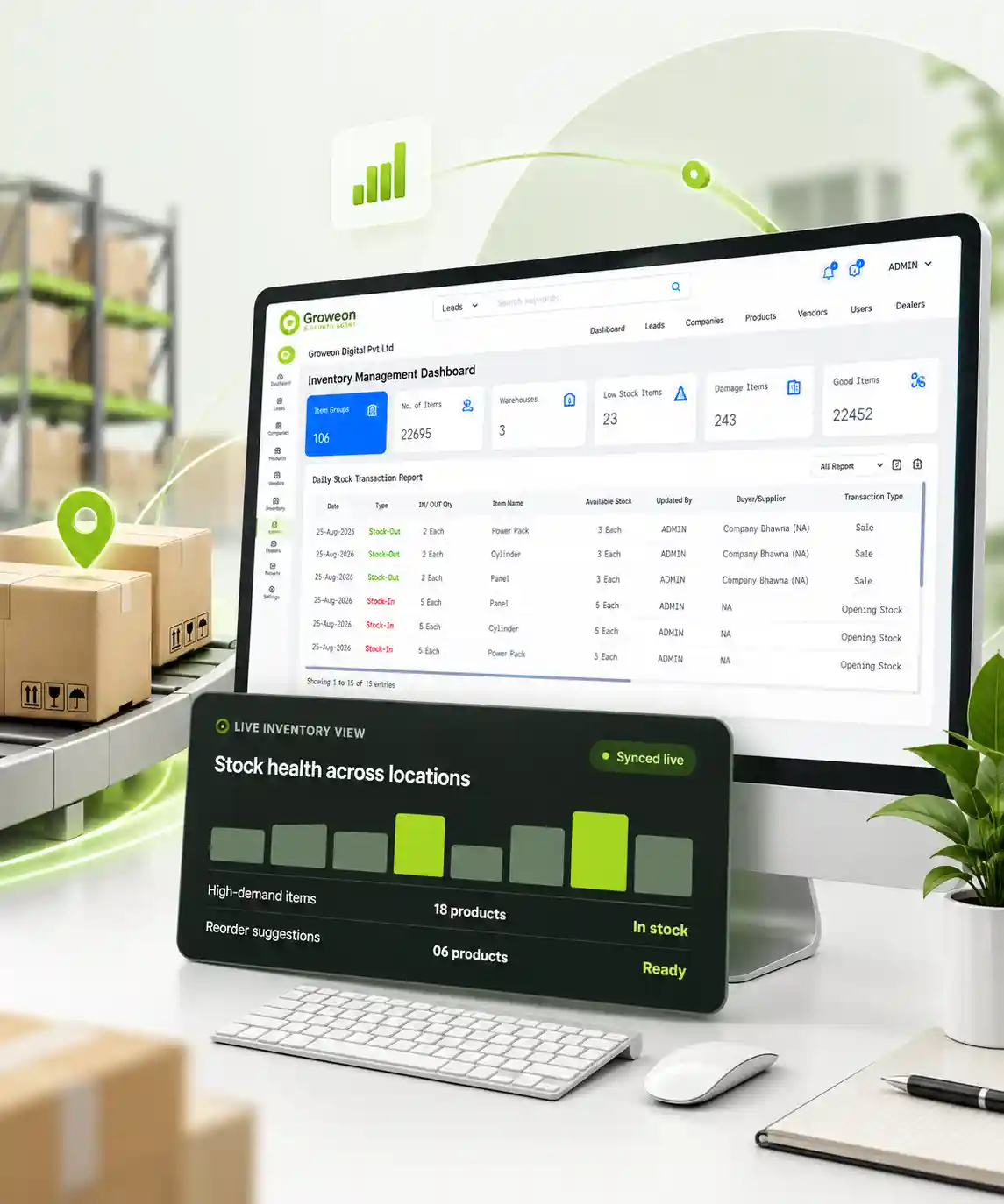 Inventory control workspace with barcode scanner and stock tools
